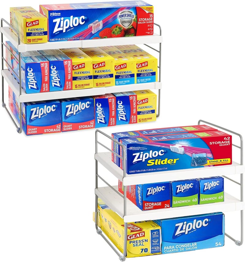 JUPELI 2 Pack Pantry Organization and Storage, Expandable Foil and Plastic Wrap Organizer, Adjustable Kitchen Wrap Organizer Rack for Cabinet, Foil Saran Wrap Holder Shelf for Sandwich Plastic Bags Box, - Image 1
